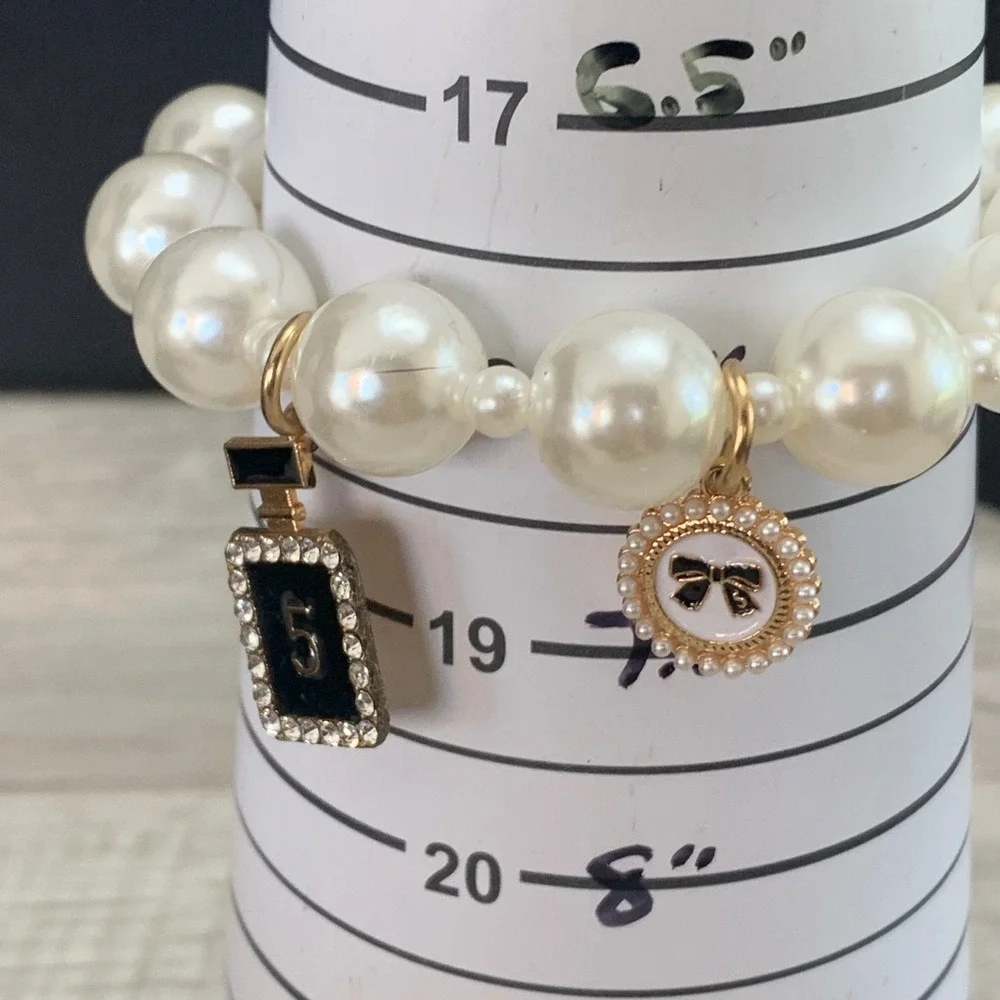 White Faux Pearl Charm Bracelet Perfume Bottle No 5 Bow Rhinestone 7 Inch